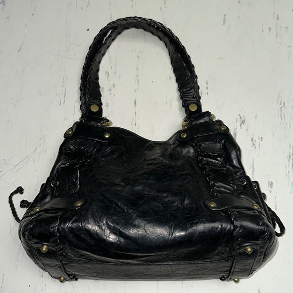 KOOBA Sienna Black Distressed Pebbled Leather Satchel Whipstitched